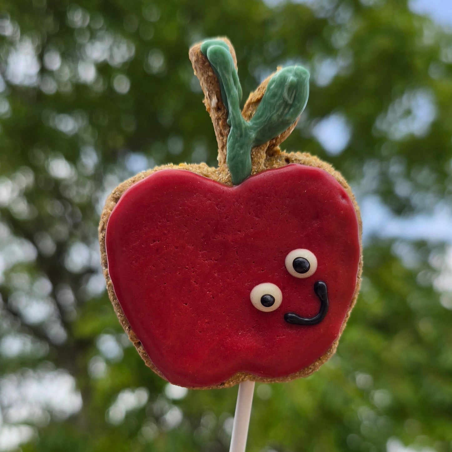 Red apple-shaped cookie on a stick with a face against a blurred green background