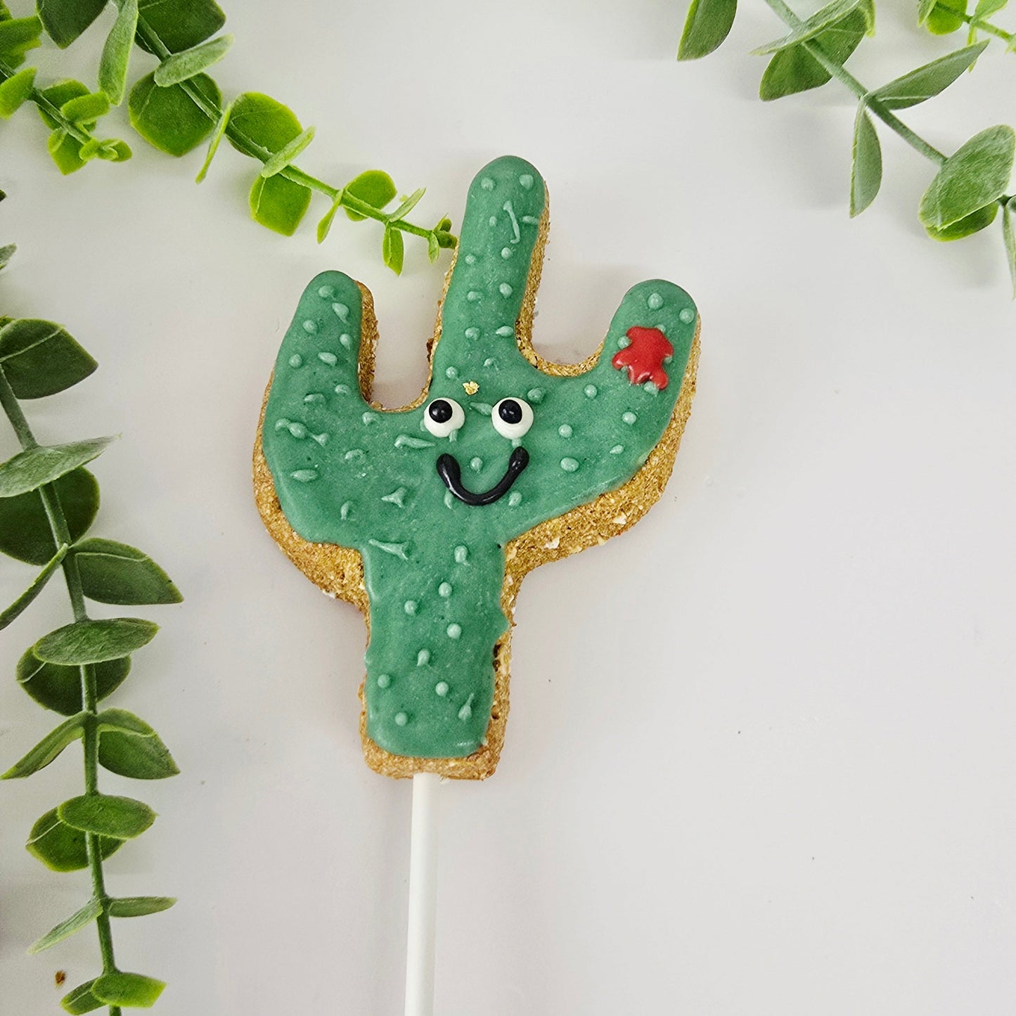 Cactus-shaped cookie on a stick with green leaves in the background