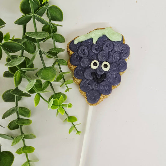 Decorative  grape cookie on a stick with purple colours, green leaves on a white background
