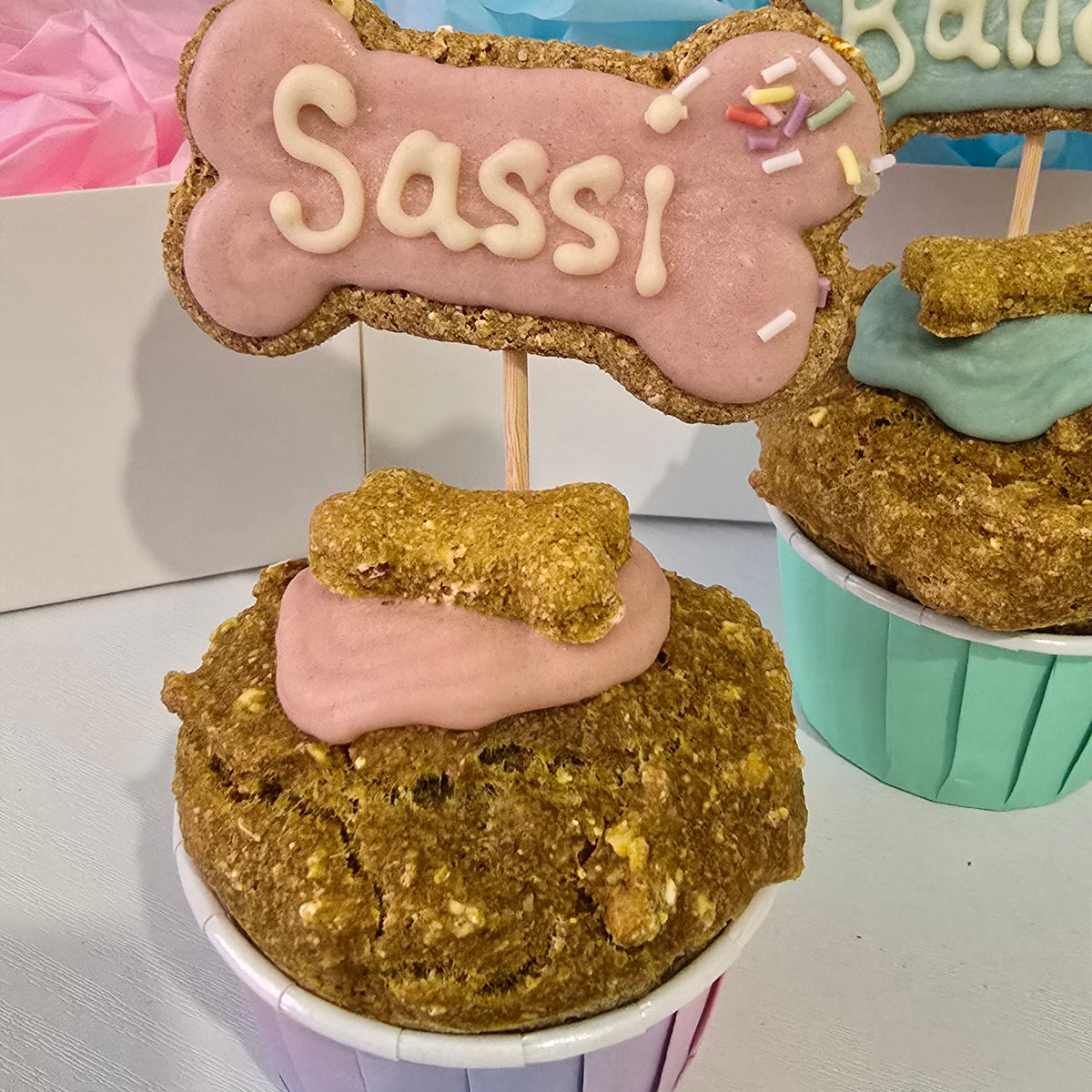 A custom dog treat cupcake decorated to look like a pink bone cake with the name 'Sassi' in white icing, topped with a golden-brown treat stick. Another cupcake in the background features a teal bone topper with the name 'Bailie'.
