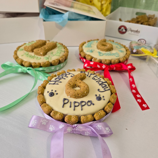 Three dogs birthday cakes arranged on small round stands with colorful ribbons. The front t is decorated with cream dog friendly cake topping  , a large number 6, the name 'Pippa', and small paw-print details, tied with a lavender ribbon.