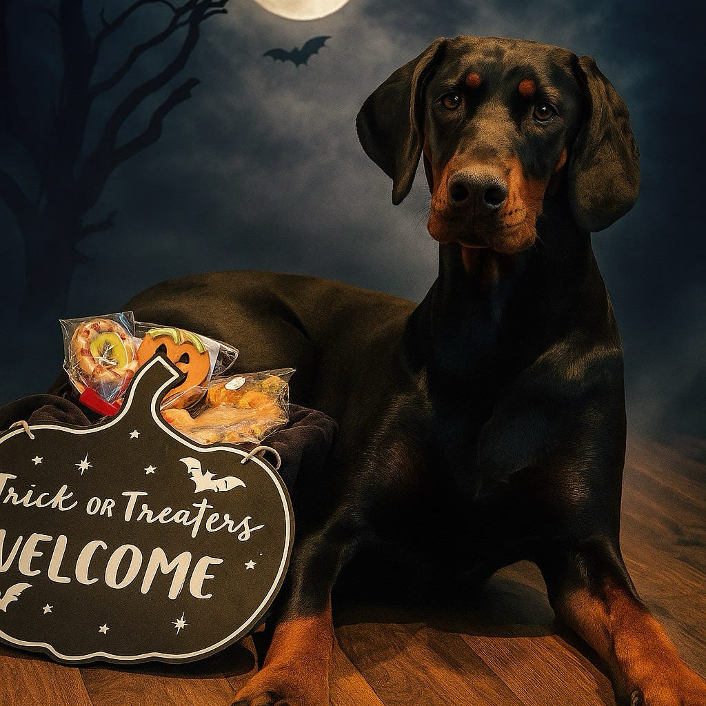 A black and tan dog lies on a wooden floor in a Halloween-themed scene with a full moon, bats, bare trees, and a sign that reads 'Trick or Treaters Welcome.' A packaged snack bag sits beside the dog.
