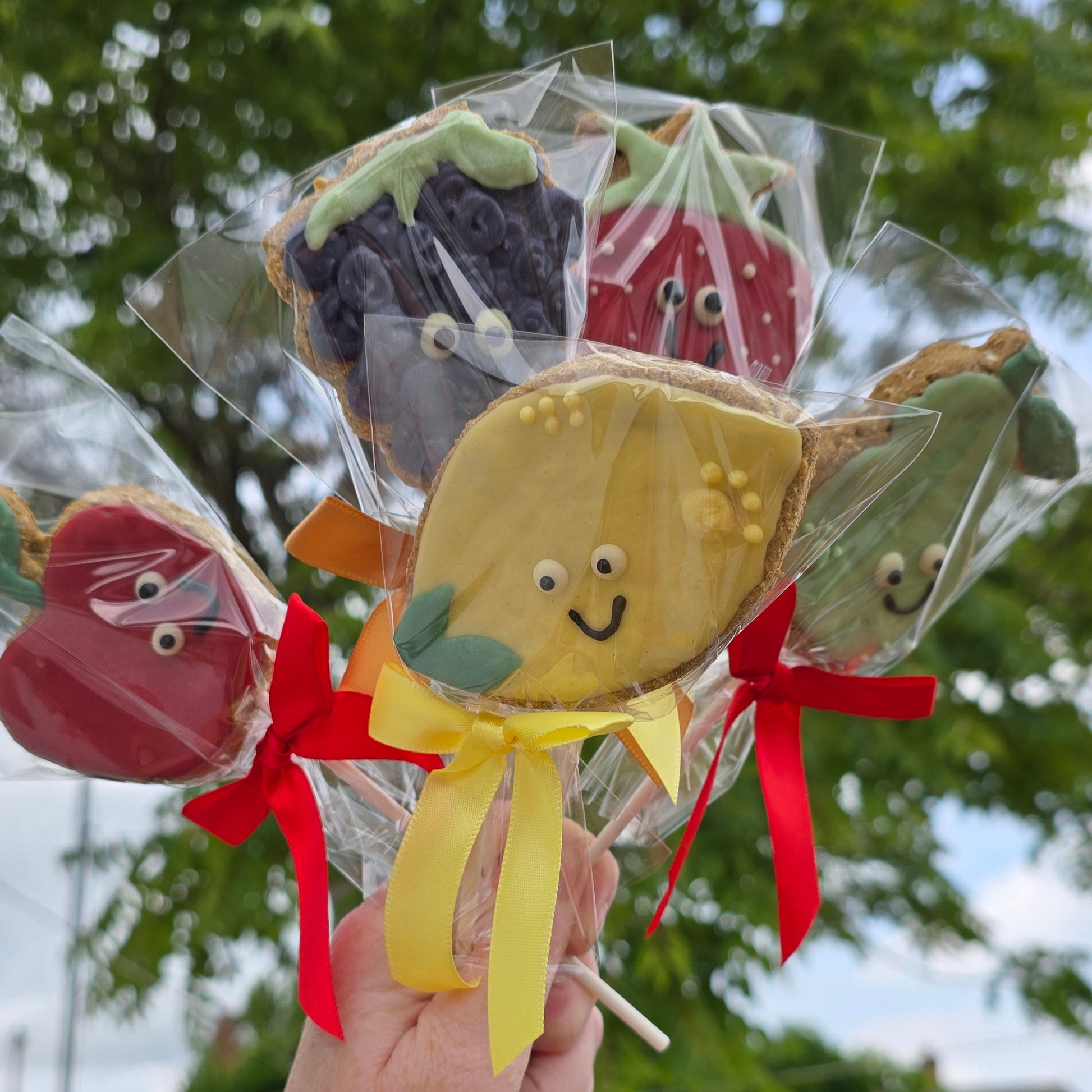 Hand holding a colorful fruity-shaped cookies with a red ribbon against a blurred outdoor background.