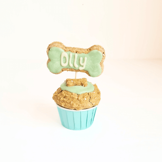 doggie cupcake handmade with a bone shapred treat on top iced with dog friendly caron and personalised  with teh dogs name Oliie  