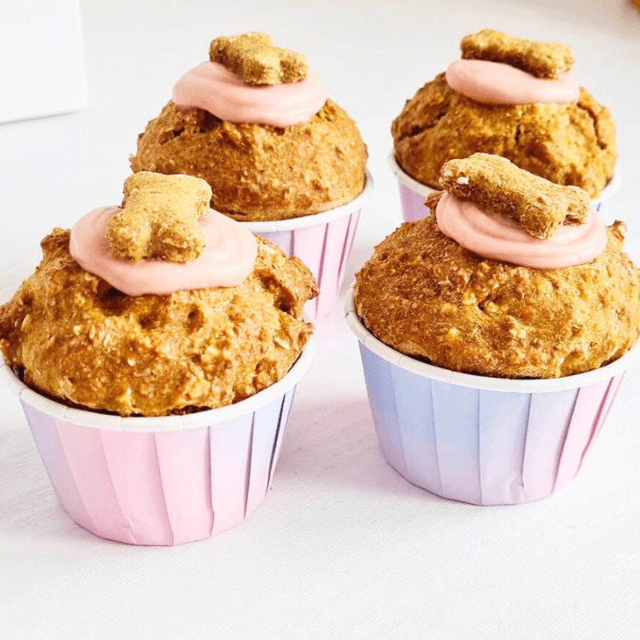 Four doggie cupcakes with pink frosting and a handmade bone treat on top, displayed in pink and blue cupcake liners.