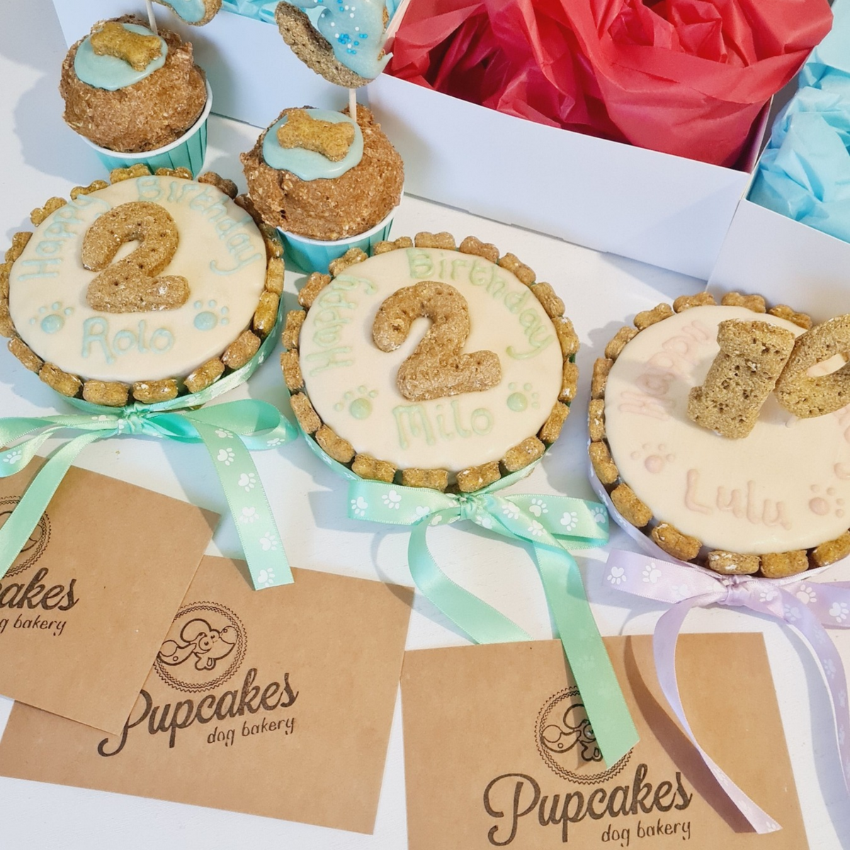 Three decorated dog birthday cakes in turquoise liners with mint and lavender ribbons, displayed with branded brown paper tags reading 'Pupcakes dog bakery' on a white surface.