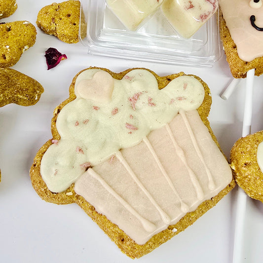 Dog treats shaped like bones and hearts on a white surface