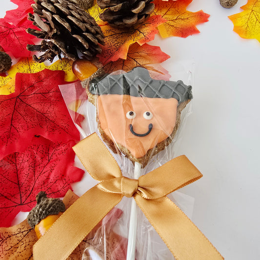 An acorn-shaped lollipop or cookie decoration wrapped in clear cellophane with a gold ribbon, styled with autumn leaves, pinecones, and acorns on a white background.