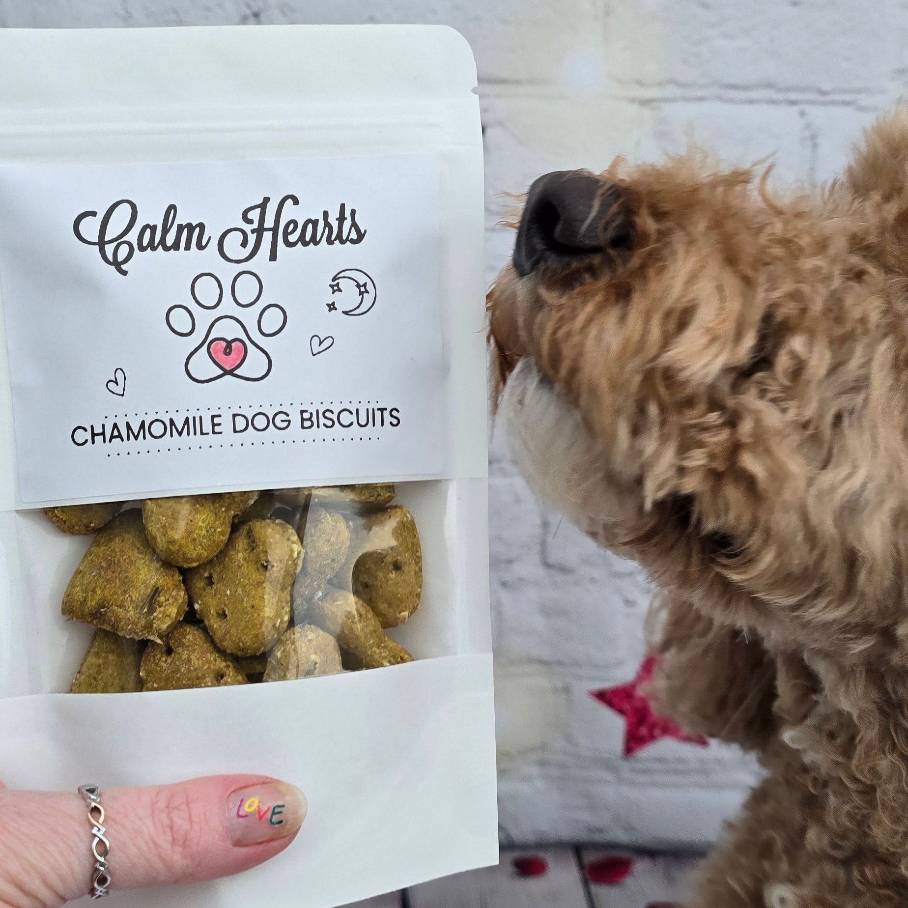Dog biscuits in a 'Calm Hearts' packaging with a dog sniffing at it